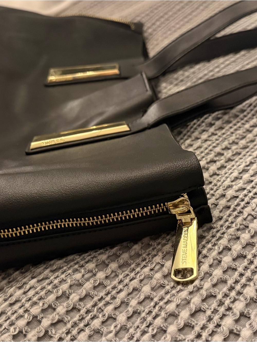 Steve Madden Black Tote with Gold Accents side zips